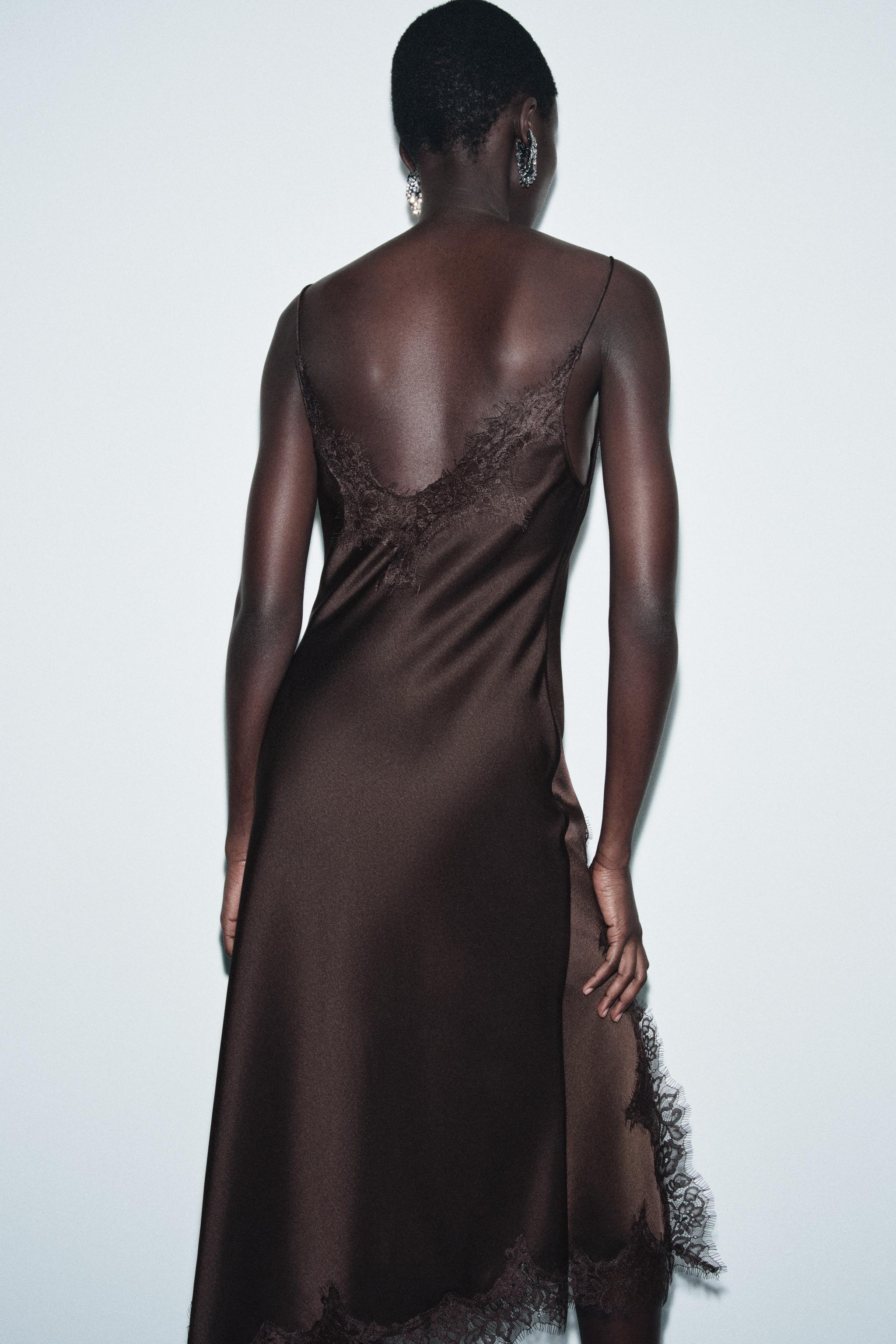 ZW COLLECTION SATIN LACE DRESS - Brown | ZARA United States ZW COLLECTION SATIN LACE DRESS - Brown | ZARA United States